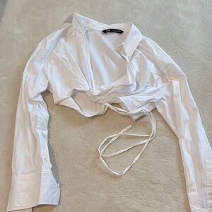 Zara White Long Sleeve Tie Front Crop Shirt